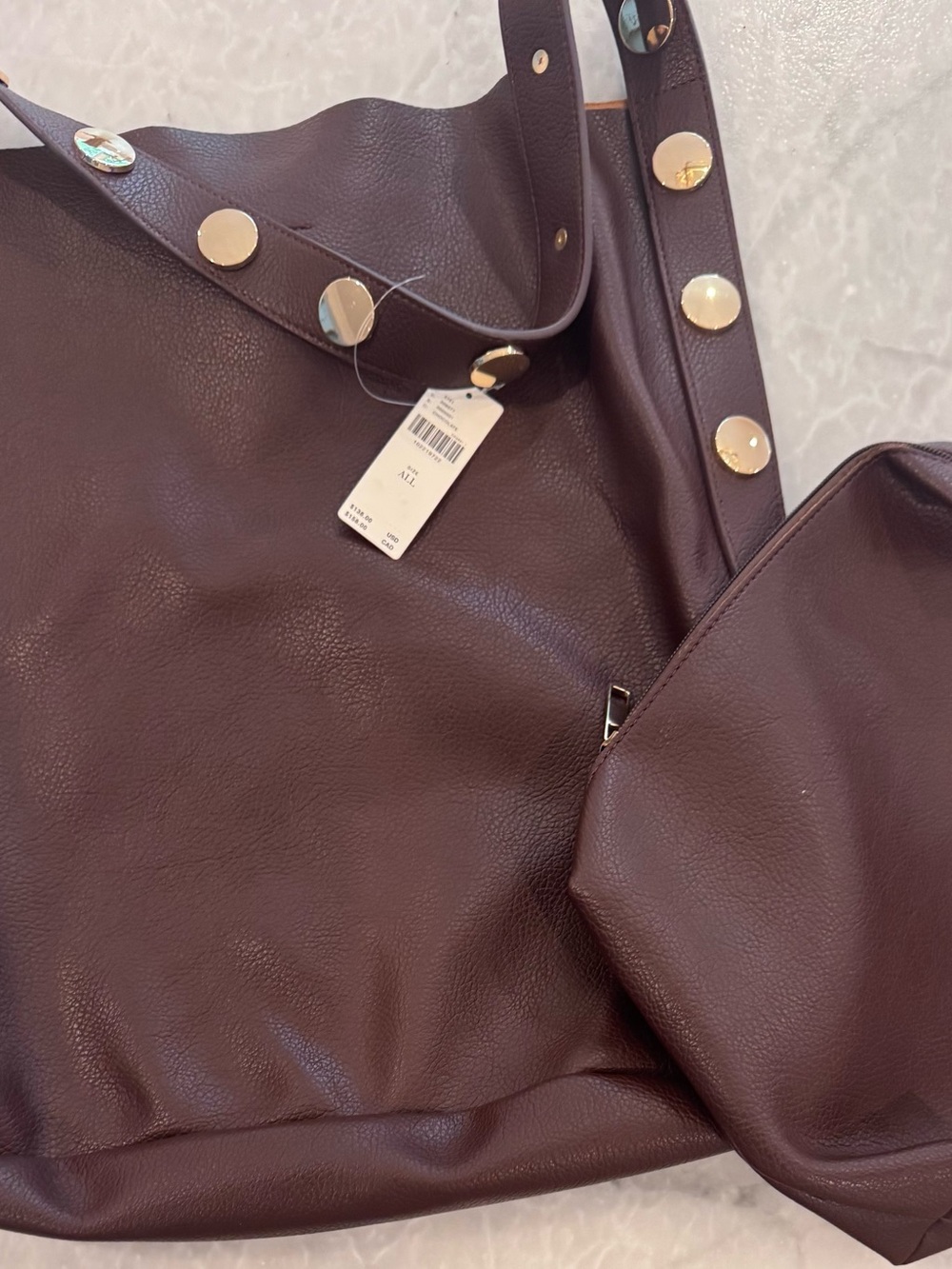 Anthropologie Dark Brown Pebbled Leather Shoulder Bag with Gold-Tone Studs. - Picture 3 of 6